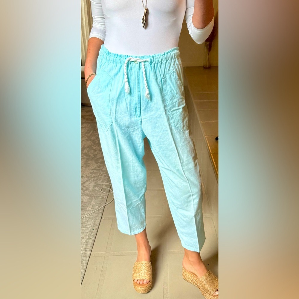 Vintage Palmettos M Light Blue Aqua Drawstring Elastic Waist Crop Pants